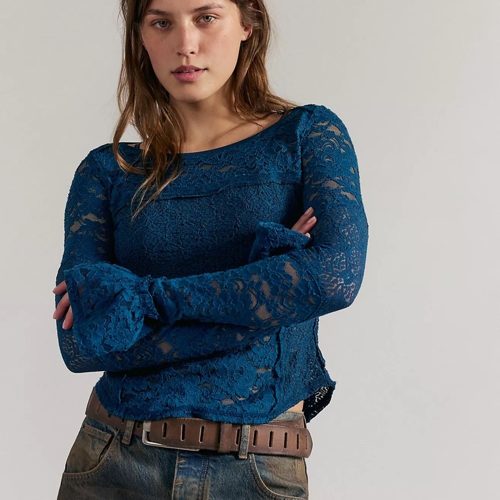 Free People Sheer Lace Flared Long Sleeve Top in Deep Dive, NWT, sizes M & L